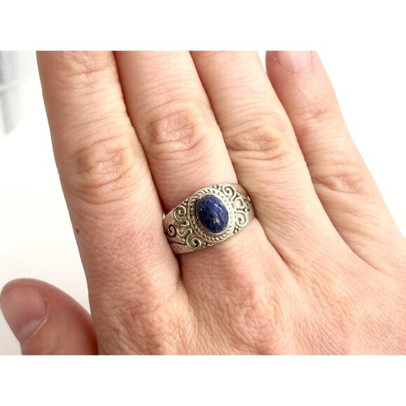Lapis Lazuli Oval Cut Gemstone Art Nouveau Sterling Silver Vintage Ring sz 8.75 - Picture 9 of 10